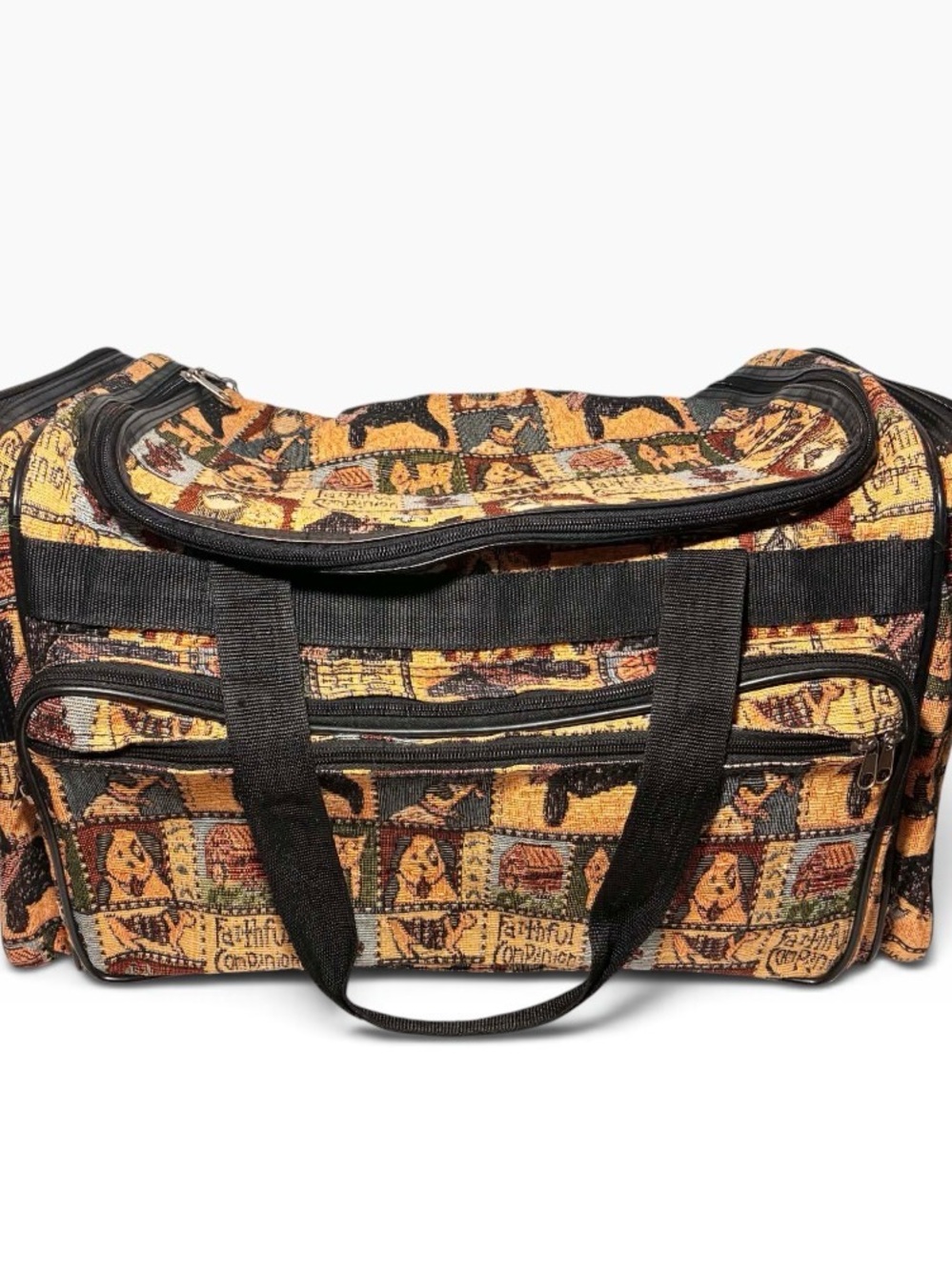 Faithful Companion Tapestry Pattern Travel Duffel Bag - Black Straps, Multicolor
